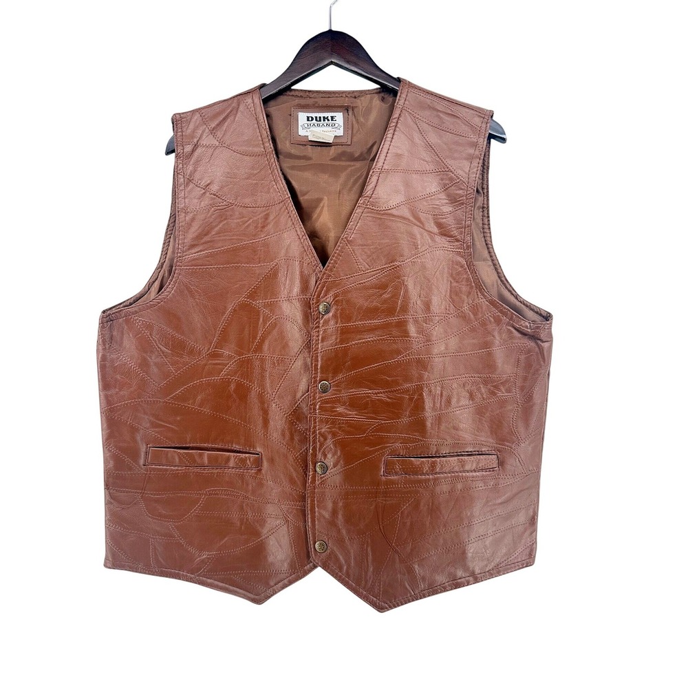 Duke Haband Mens Genuine Leather Patchwork Vest Cognac Brown Size L 31P Western